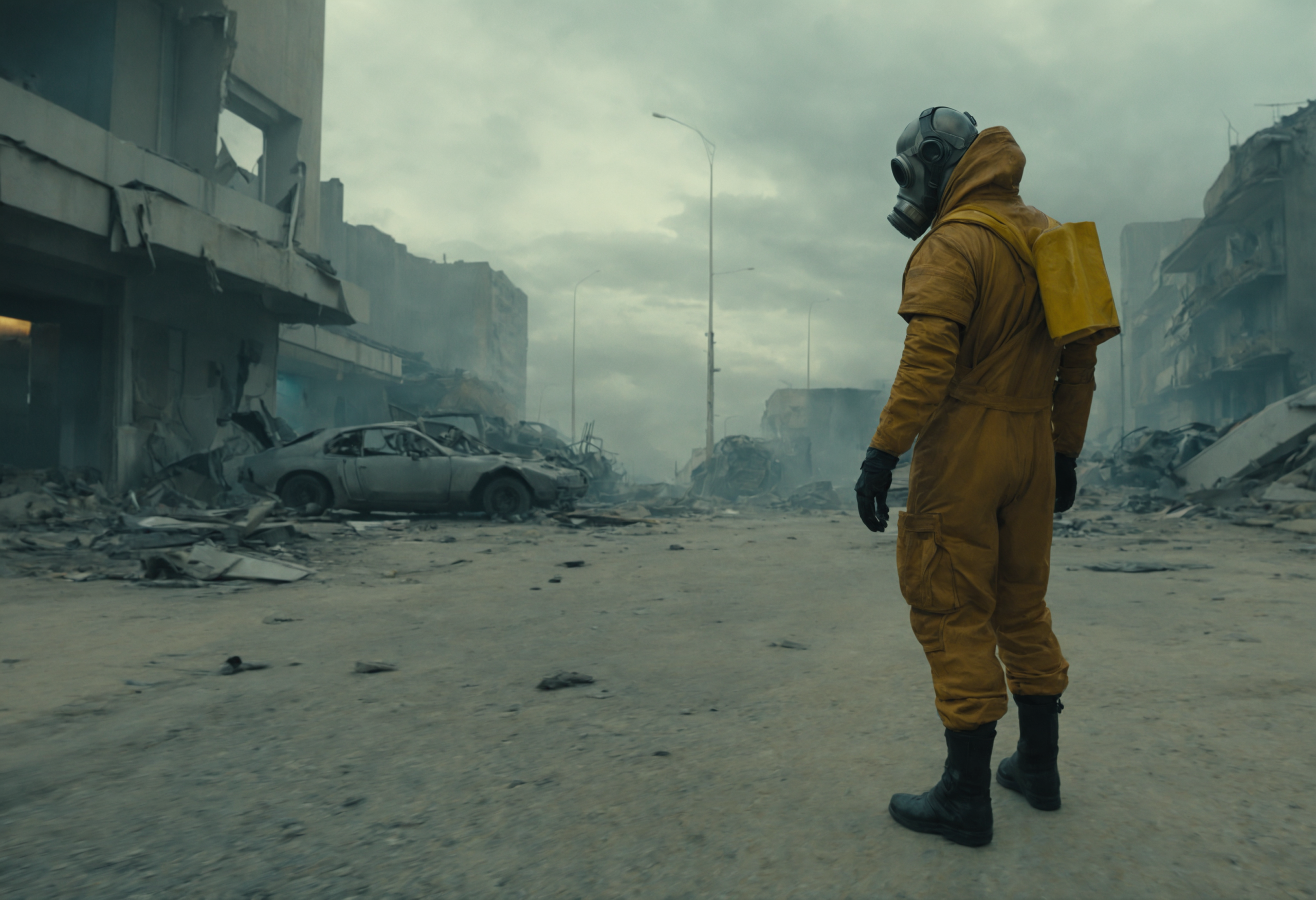 La photo montre un homme vêtu d'une combinaison et d'un masque NRBC, dans un décor apocalyptique